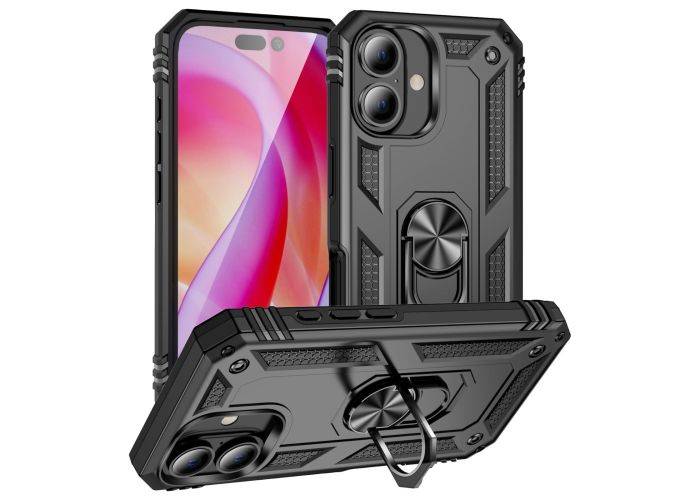 iPhone 16 - Shockproof Hybrid cover med roterbar kickstand - Sort