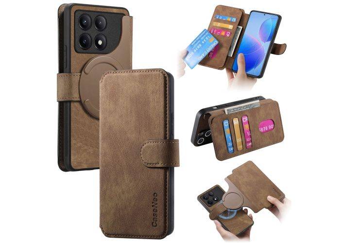 Xiaomi Poco F6 Pro 5G - CASENEO 2-i-1 læder cover - Aftagelig holder - Brun