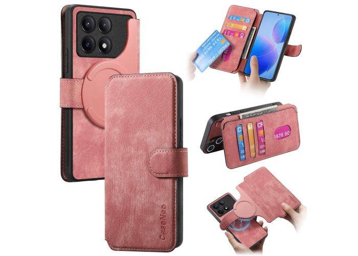 Xiaomi Poco F6 Pro 5G - CASENEO 2-i-1 læder cover - Aftagelig holder - Pink
