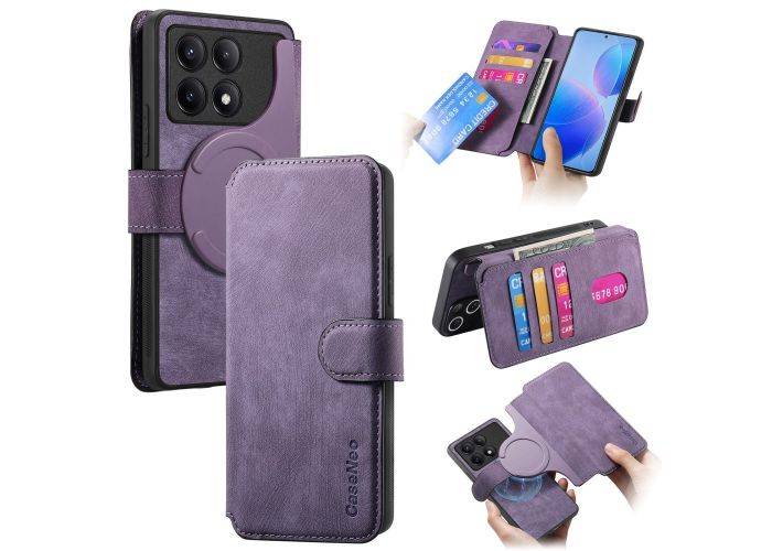 Xiaomi Poco F6 Pro 5G - CASENEO 2-i-1 læder cover - Aftagelig holder - Lilla