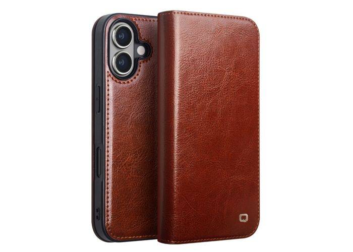 iPhone 16 - QIALINO "Classic" ægte læder cover / pung - Brun