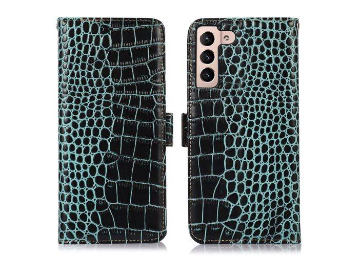 Samsung Galaxy S23 5G - RFID ægte læder cover - i krokodille design - Grøn