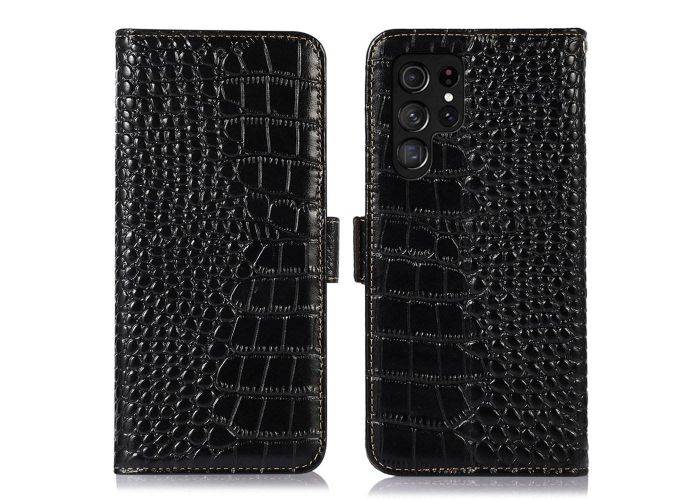 Samsung Galaxy S23 Ultra 5G - RFID ægte læder cover- i krokodille design - Sort