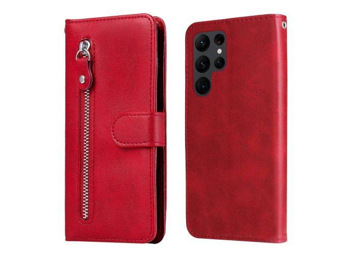 Samsung Galaxy S23 Ultra 5G - Læder cover m/ udvendig lomme med lynlås - Rød