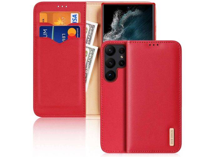 Samsung Galaxy S23 Ultra 5G - DUX DUCIS Hivo ægte læder cover / pung - Rød