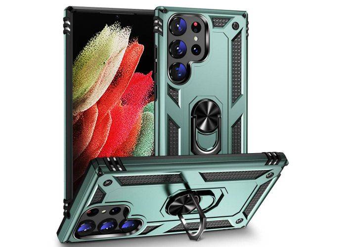 Samsung Galaxy S23 Ultra 5G - Military Grade Hybrid cover m/ Kickstand - Mørkegrøn