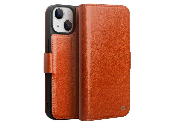iPhone 14 - QIALINO Classic Slim ægte læder cover - Lys brun