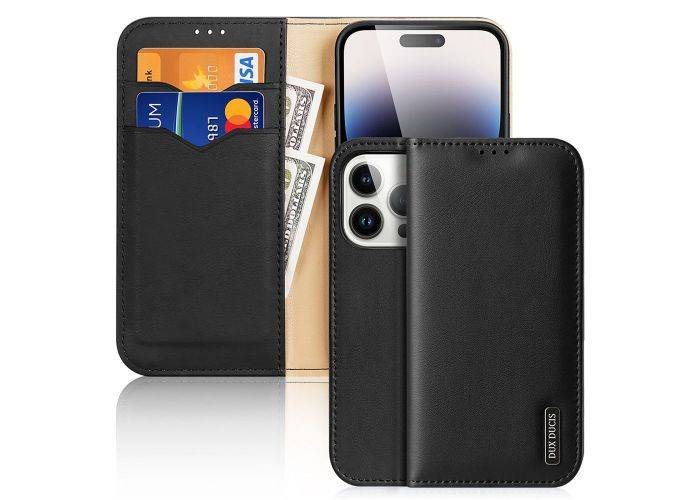 iPhone 15 Pro - DUX DUCIS Hivo ægte læder cover / pung - Sort