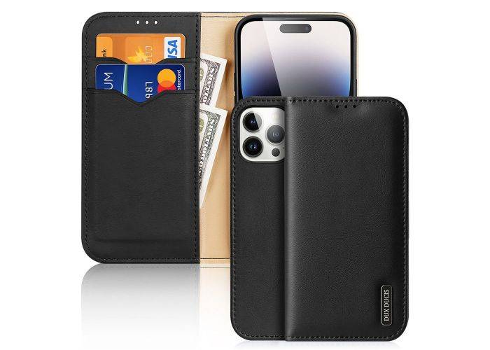 iPhone 15 Pro Max - DUX DUCIS Hivo ægte læder cover / pung - Sort