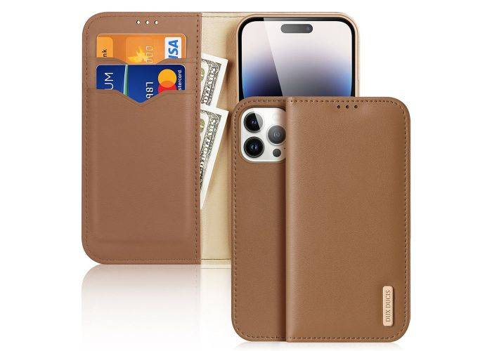 iPhone 15 Pro Max - DUX DUCIS Hivo ægte læder cover / pung - Brun