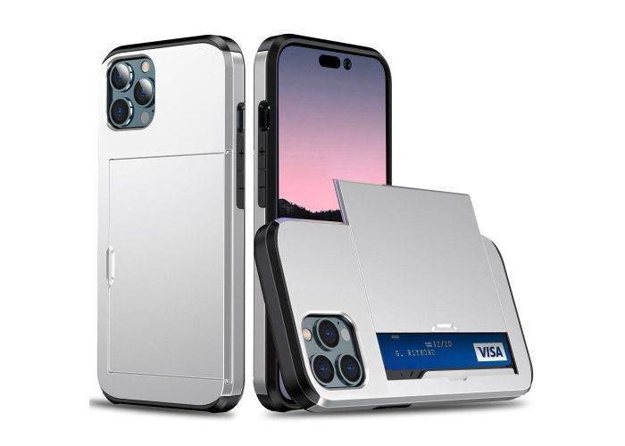 iPhone 15 Pro Max - SLIDE Hybrid cover med kortholder - Sølv