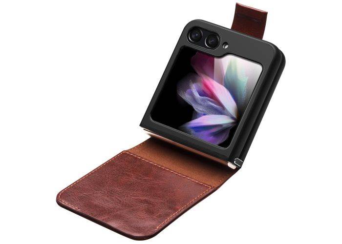 Samsung Galaxy Z Flip5 - QIALINO Classic Slim ægte læder cover - Mørkebrun