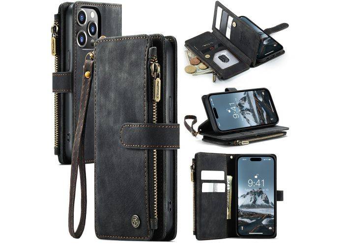 iPhone 15 Pro Max - CASEME læder cover / pung - Lomme med lynlås - Sort