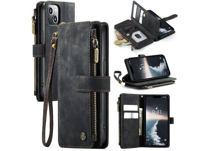 iPhone 15 - CASEME læder cover / pung - Lomme med lynlås - Sort