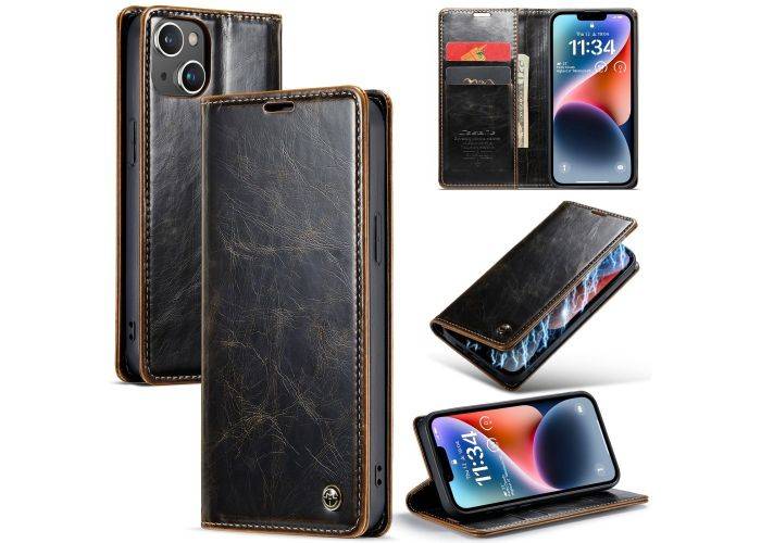 iPhone 15 Plus - CASEME Vintage læder cover / pung - Kaffe