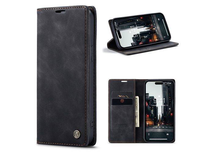 iPhone 15 Pro - CASEME retro læder cover / pung - Sort