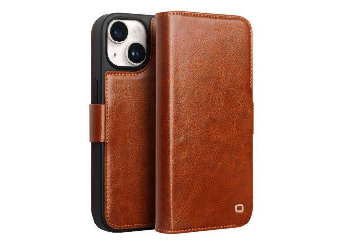iPhone 15 - QIALINO Classic Slim ægte læder cover - Lysebrun