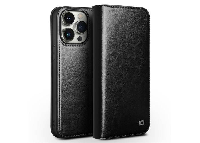 iPhone 15 Pro - QIALINO "Classic" ægte læder cover / pung - Sort