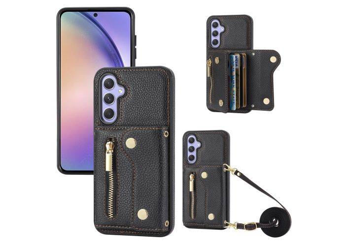 Samsung Galaxy A25 5G - Læder bagcover med kortholdere - Med skulderrem - Sort