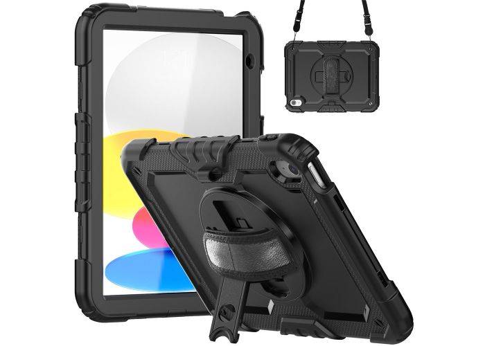 iPad 11 A16 (2025) / iPad 10.9 (2022) - Armor cover med skærmbeskytter & skulderrem - Sort