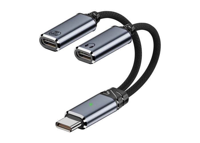 USB-C 2-i-1 Audio / oplader Adapter USB-C til Dual , PD 100W - Sort