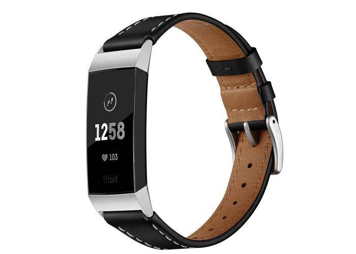 Fitbit Charge 3 / Charge 4 - Ægte læder urrem 75mm+ 115mm - Sort