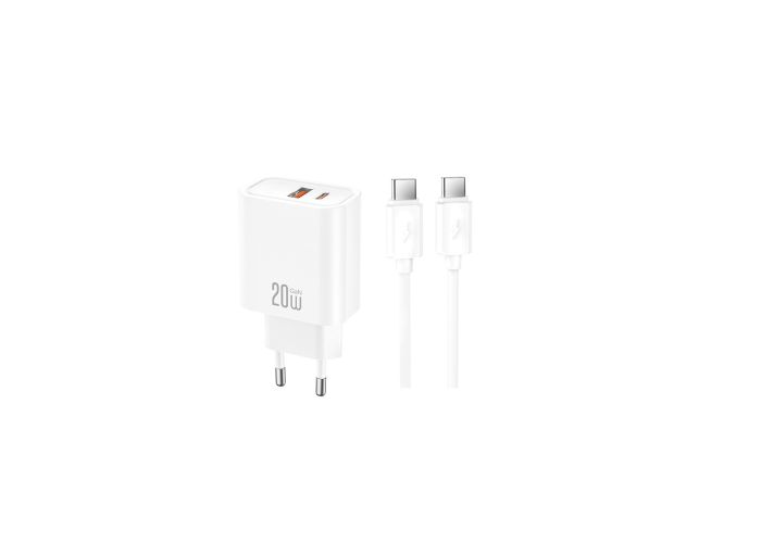 USB-C Dual PD HURTIG oplader 20W USB-C & USB-A - Inkl. USB-C til USB-C kabel - Hvid