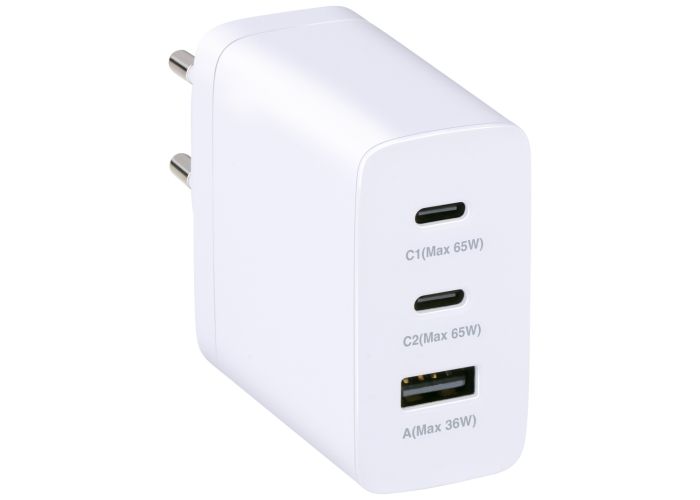 Grundig 3-porte USB-C PD GaN 65W Ultra hurtig oplader - 2x USB-C / 1x USB-A - Hvid