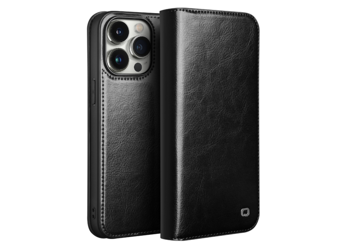 iPhone 15 Pro Max - QIALINO "Classic" ægte læder cover / pung - Sort
