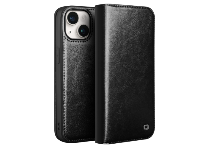 iPhone 15 Plus - QIALINO "Classic" ægte læder cover / pung - Sort