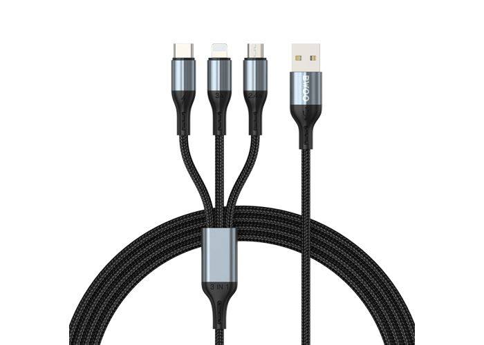 BWOO 3-i-1 USB-A til Lightning/USB-C/mikroUSB opladerkabel - 1m - Sort