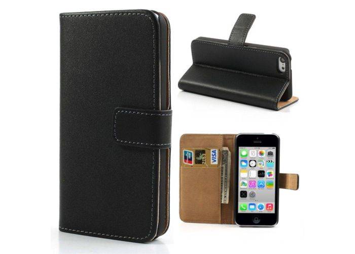 iPhone 5C - Ægte læder cover / pung - Sort