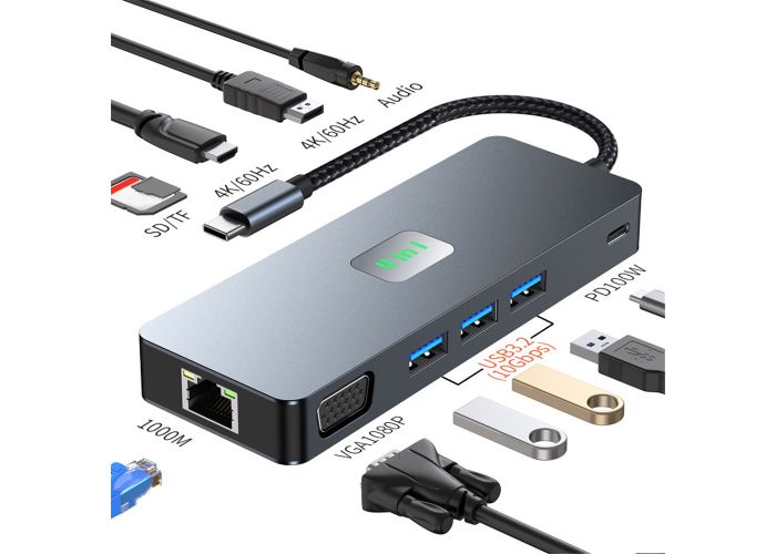 USB-C HUB 11-i-1 dockingstation 4K60Hz HDMI/USB 3.2 - SD/TF - VGA/USB-C PD 100W