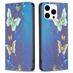 iPhone 14 Pro - Læder cover / pung - Printet design - Gyldne sommerfugle