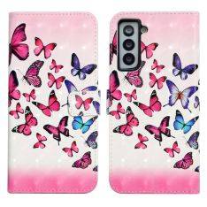 Samsung Galaxy S21 FE 5G - Premium cover / pung - Printet design - Pink/blå sommerfugl