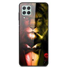 Samsung Galaxy A22 4G - Hybrid cover m/ Bagside af hærdet glas - Løve i jakkesæt