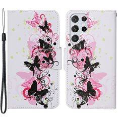 Samsung Galaxy S22 Ultra 5G - Læder cover / pung - Printet Design - Sommerfugle