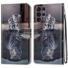 Samsung Galaxy S22 Ultra 5G - Læder cover / pung - Printet design - Kat/Tiger