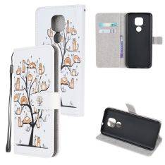 Motorola E7 - Læder cover / pung - printet design - katte & træ