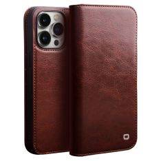 iPhone 14 Pro Max - QIALINO "Classic" ægte læder cover / pung - Brun