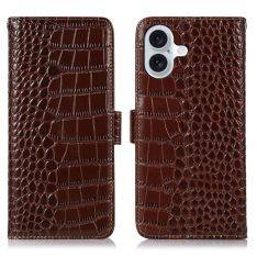 iPhone 16 - RFID ægte læder cover - Krokodille look - Brun
