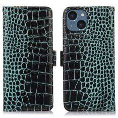 iPhone 15 - RFID ægte læder cover - Krokodille design - Grøn