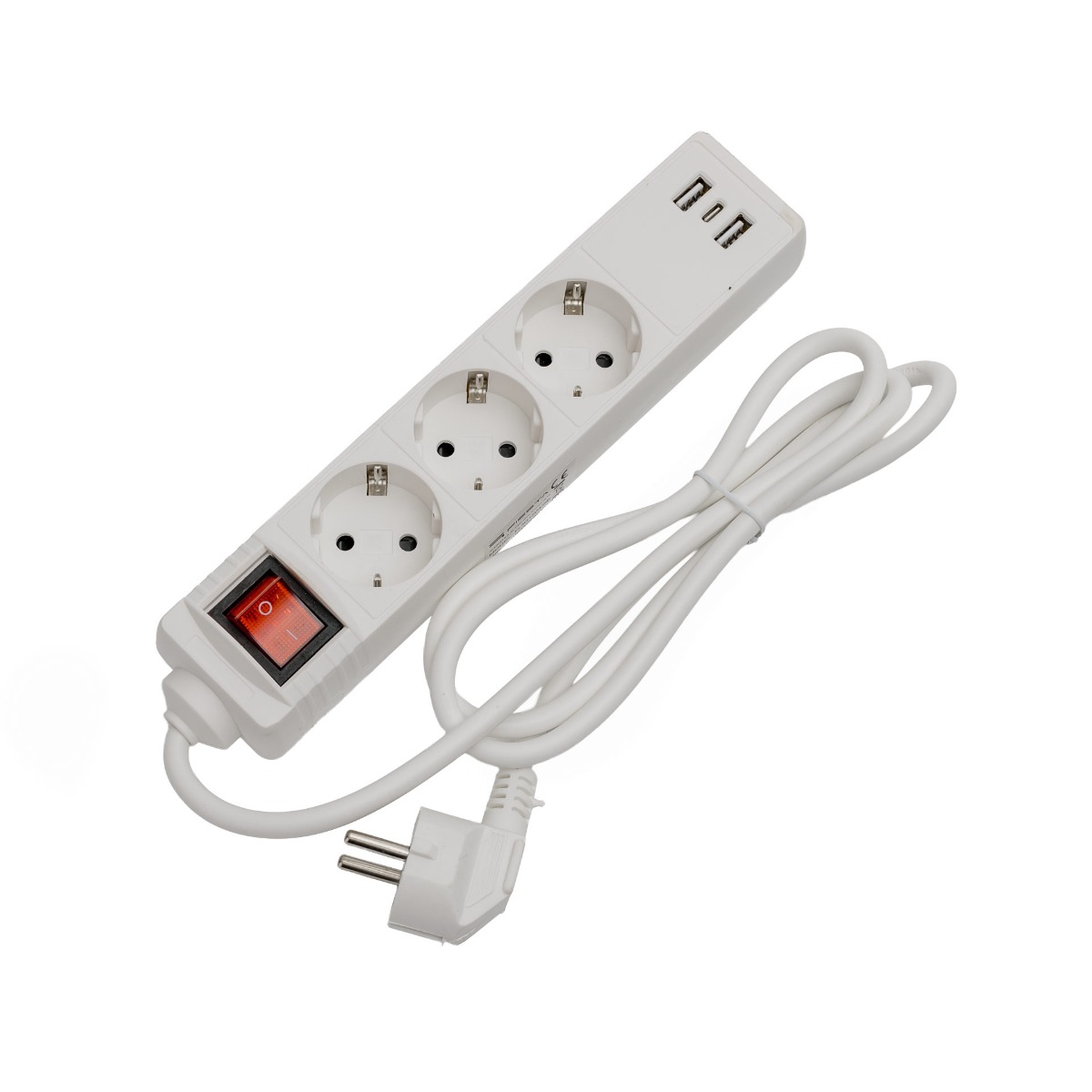 Fiesta forlængerledning med 3 Stik og 2×USB-A, 1×USB-C - Med afbryder - 1,5 meter