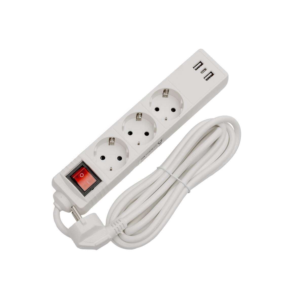 Fiesta forlængerledning med 3 Stik og 2×USB-A, 1×USB-C - Med afbryder - 3 meter