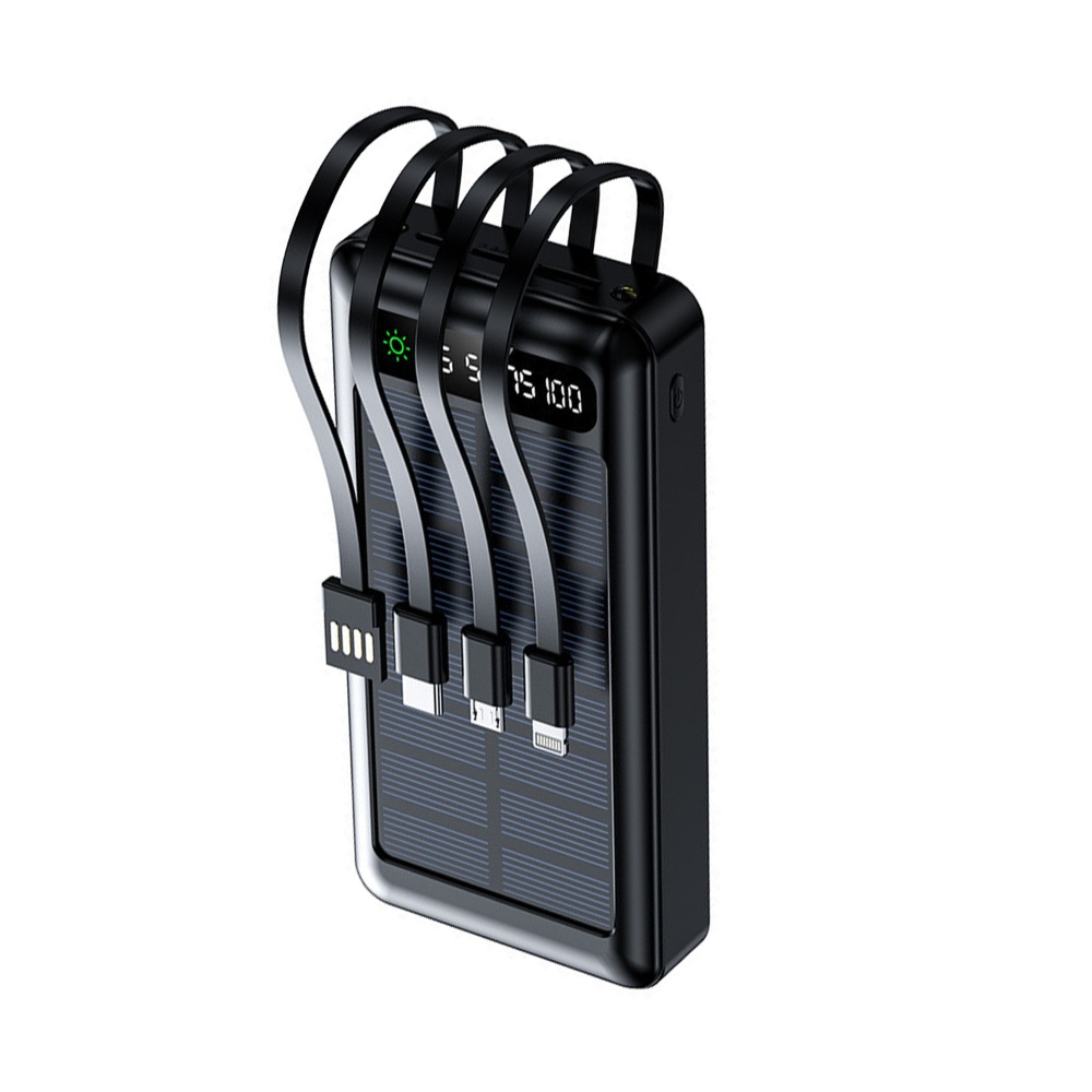 Setty powerbank med solceller 20000mAh - 4x indbyggede kabler - Sort