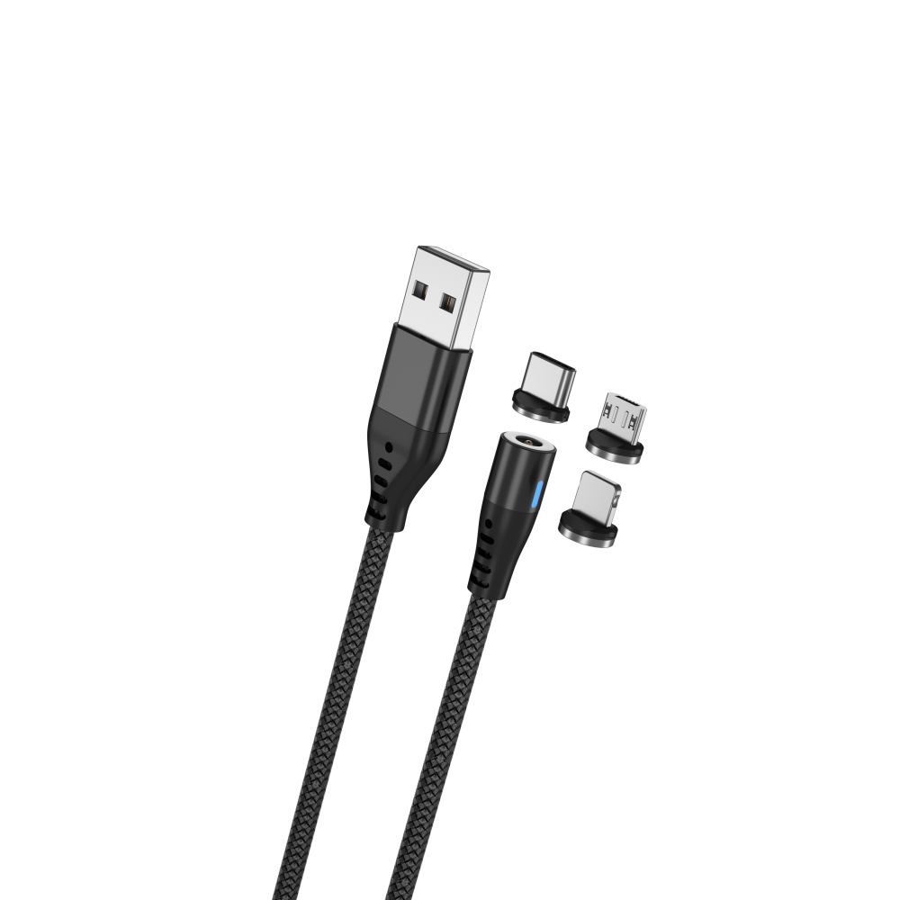 Maxlife MXUC-02 Magnetisk 3-i-1-opladerkabel (Lightning/USB-C/microUSB) Hurtig opladning (2A), sort