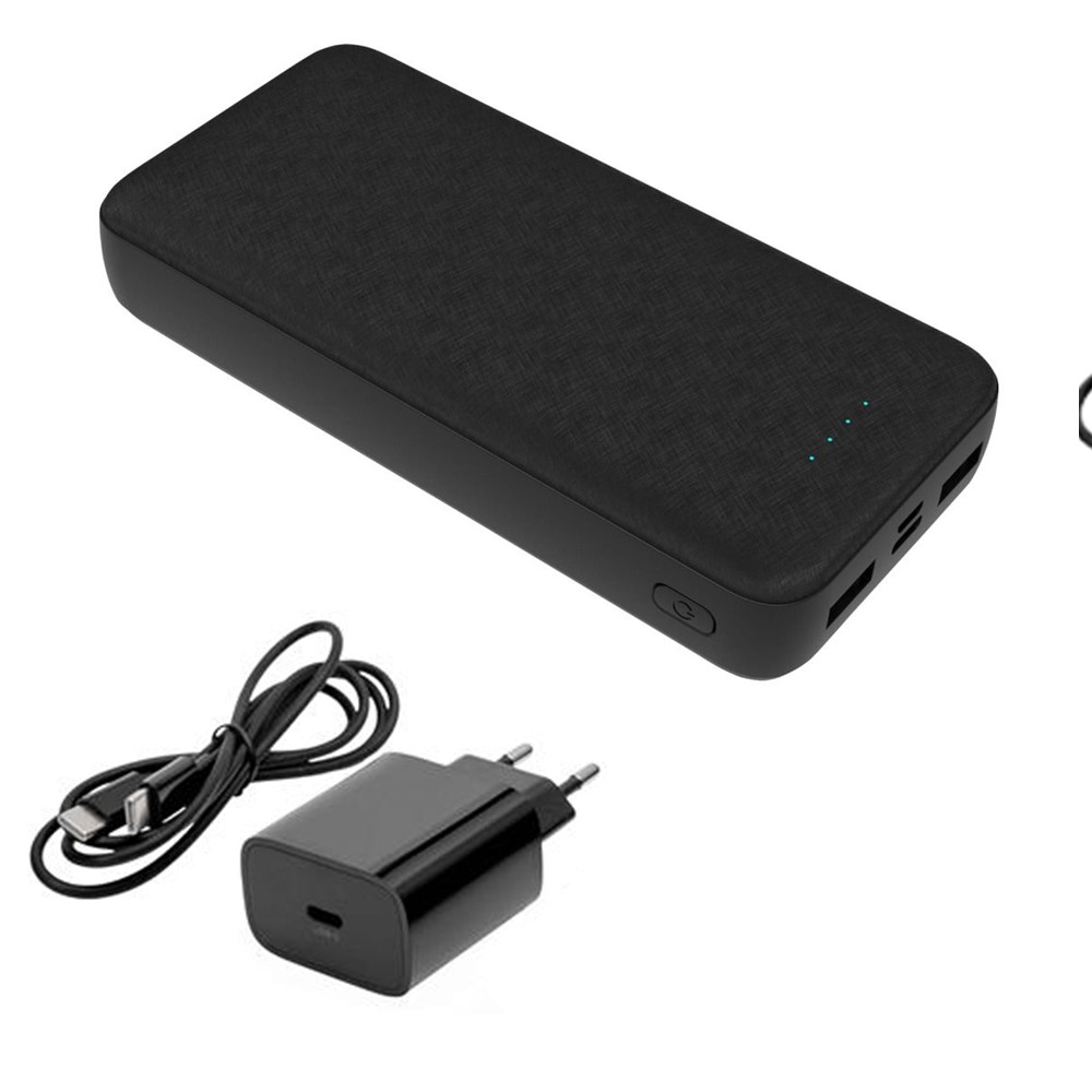 Platinet Powerbank 20000mAh - Inkl. 20W USB-C vægoplader og kabel - Sort