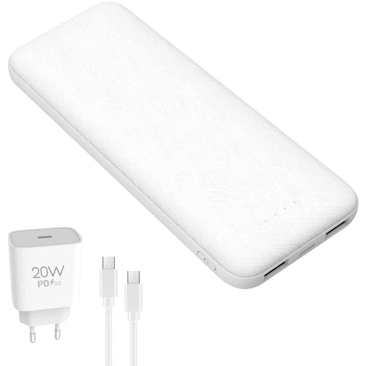 Platinet Powerbank 10000mAh - Inkl 20W USB-C vægoplader & kabel - Hvid