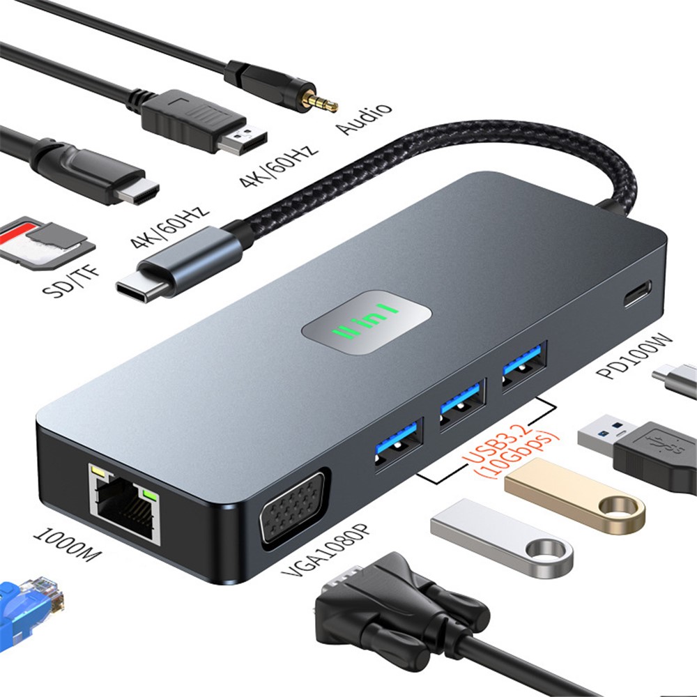 USB-C HUB 11-i-1 dockingstation 4K60Hz HDMI/USB 3.2 - SD/TF - VGA/USB-C PD 100W