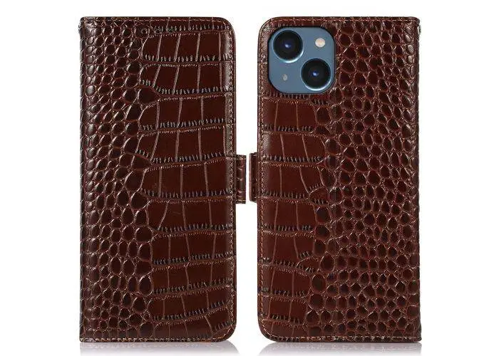 iPhone 14 - Ægte læder cover / pung - med RFID - Brun
